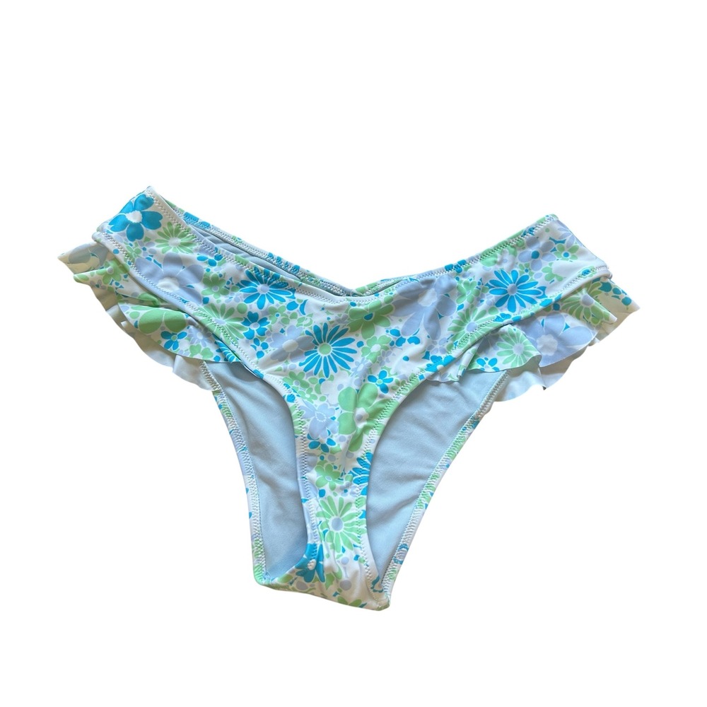 Aerie Cheekiest Ruffle Swimsuit Bottoms Large L Blue‎ Green Floral Print